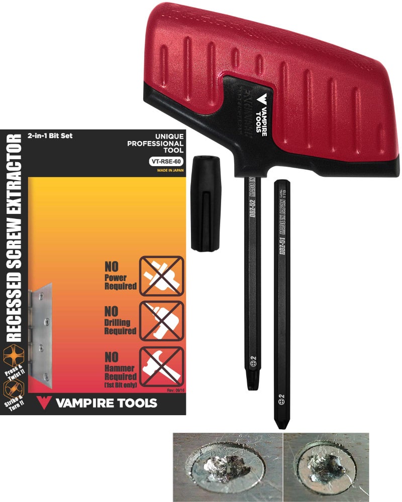 VAMPLIERS Recessed Screw Extractor, Phillips Screw Head 2 Bit Set. Made in Japan. Specially Designed to Remove Damaged/Stripped Countersunk Flathead Screws. High Torque Handle Grip. - Image 1